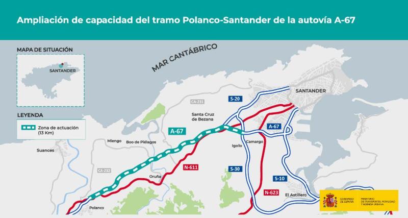 El Gobierno autoriza licitar por 172,7 millones de euros las obras del tercer carril de la A-67 entre Polanco y Santander